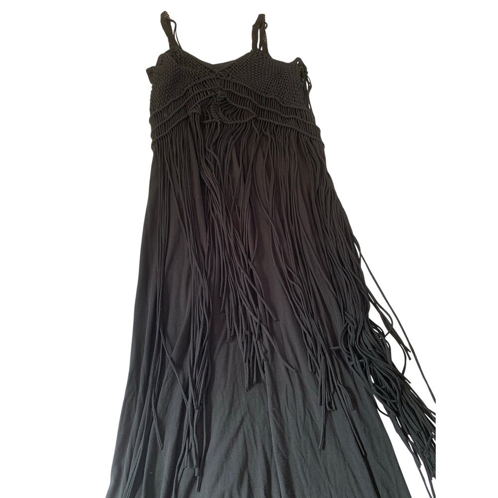 Denim & Supply Ralph Lauren Black Fringe Crochet Maxi Dress Spaghetti Straps Lg